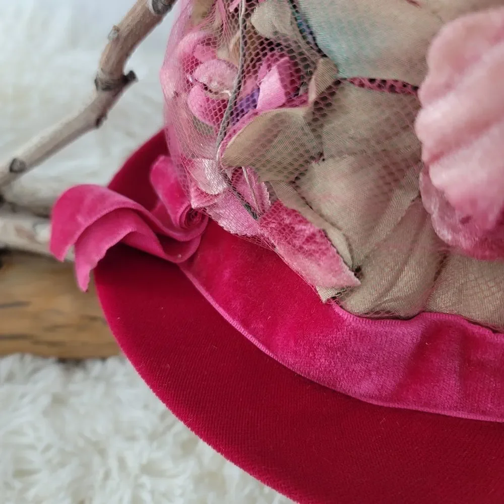 Vintage 1950s originals by Lee Bury of Dallas flower mesh and velvet hat pink - Picture 3 of 11